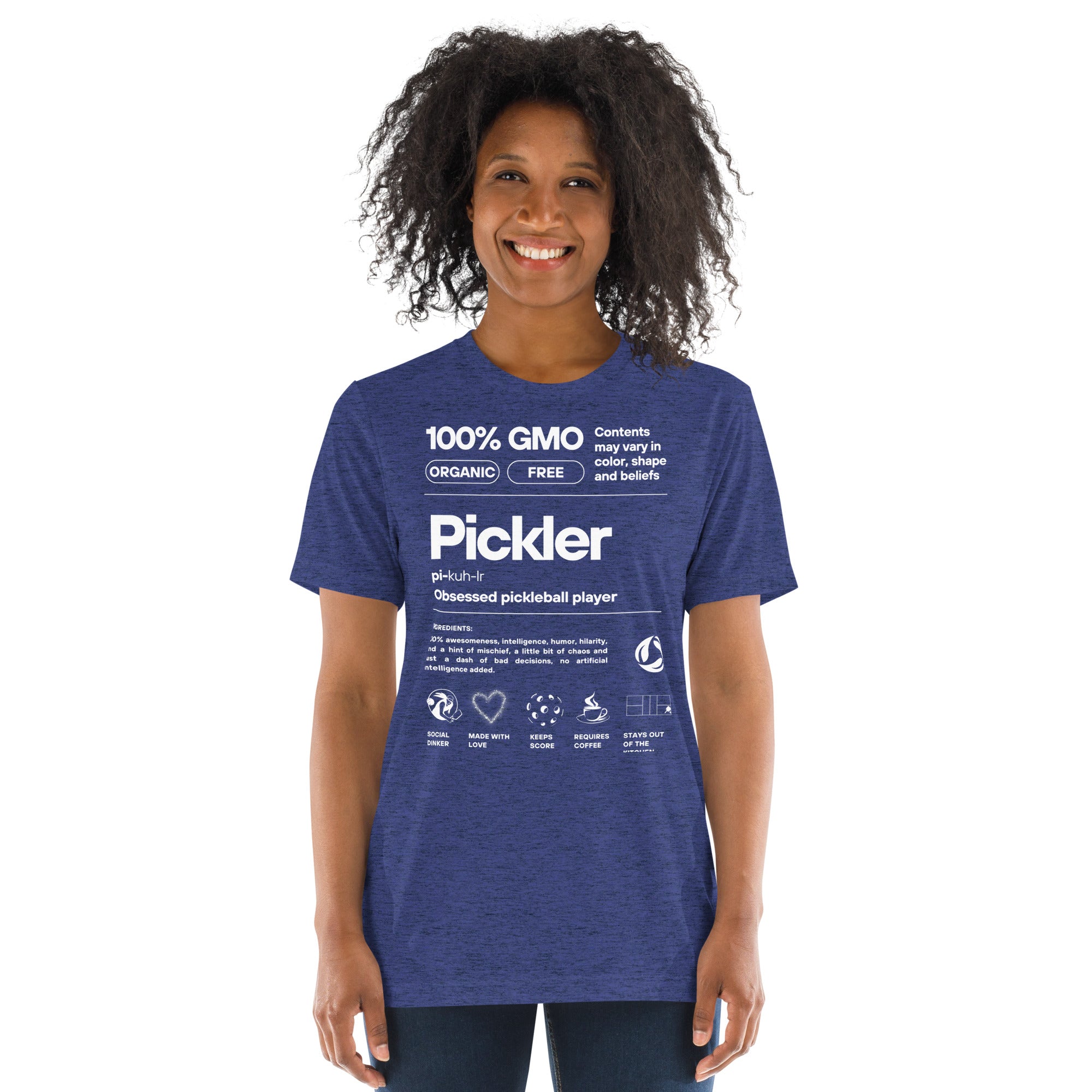 Women's navy Pickler Funny Definitions T-Shirt by PeaMac Pickleball Tees, featuring humorous text on a lightweight, tri-blend activewear tee.