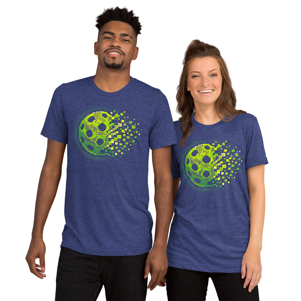 Unisex navy tri-blend T-shirt featuring the Matrix Burst Neo-Green pickleball graphic, by PeaMac Pickleball Tees.