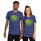 Unisex navy tri-blend T-shirt featuring the Matrix Burst Neo-Green pickleball graphic, by PeaMac Pickleball Tees.