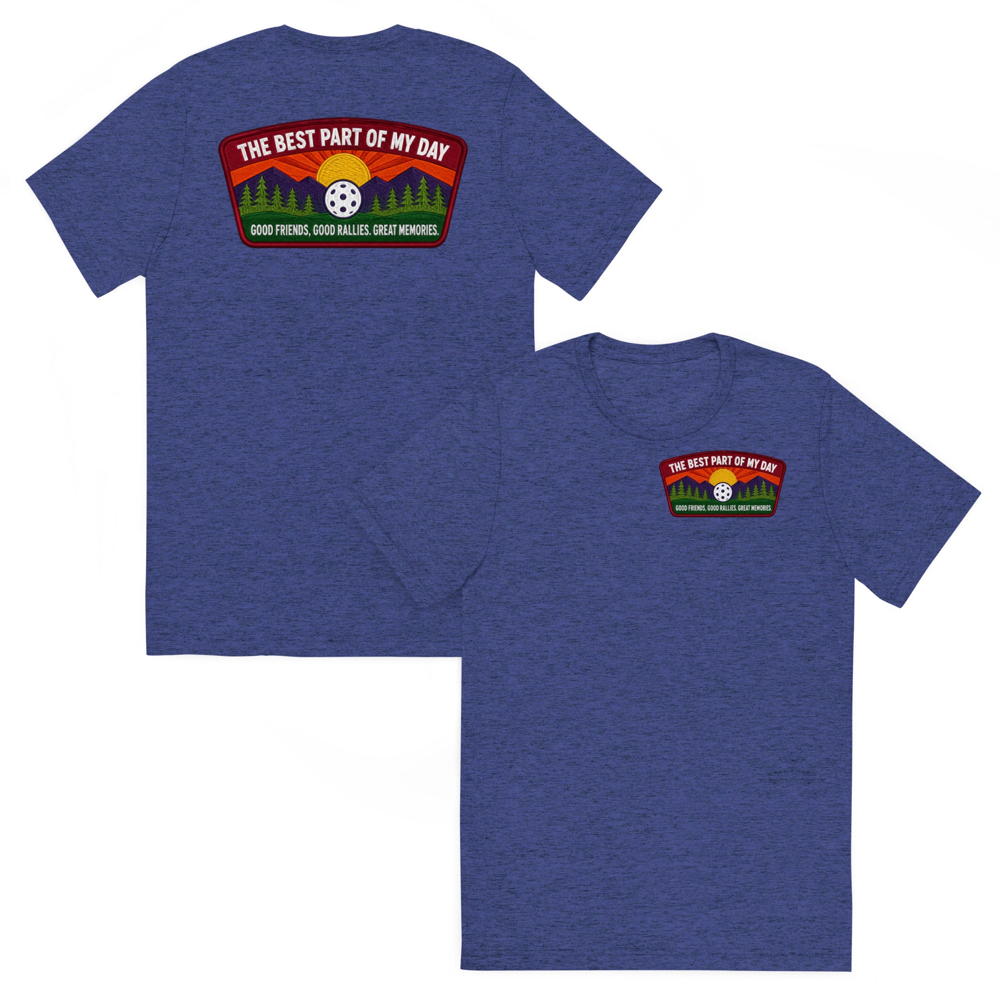 Navy unisex tri-blend pickleball T-shirt with "Best Part of My Day" print on front and back, by PeaMac Pickleball Tees.