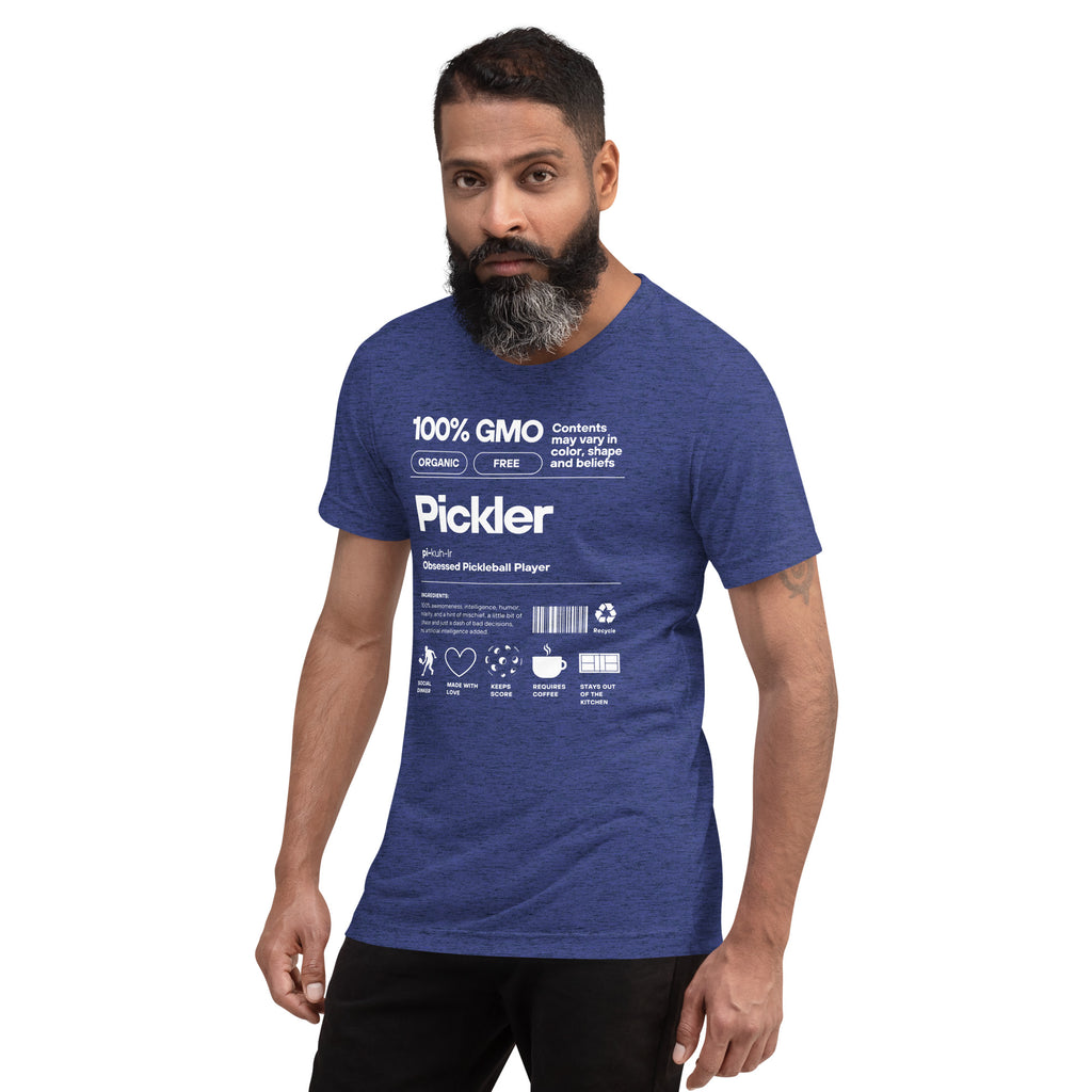 Men's navy Pickler Funny Definitions T-Shirt by PeaMac Pickleball Tees, unisex tri-blend activewear with left-front design.