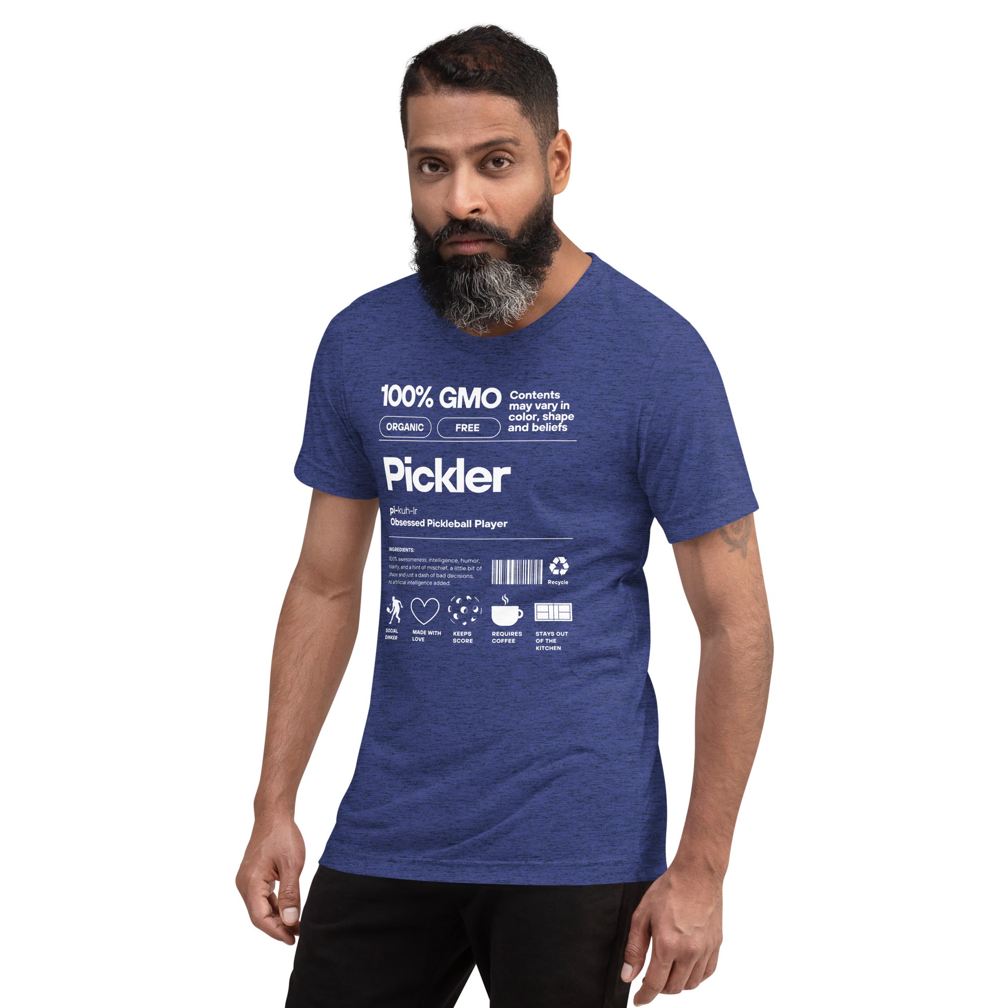 Men's navy Pickler Funny Definitions T-Shirt by PeaMac Pickleball Tees, unisex tri-blend activewear with left-front design.