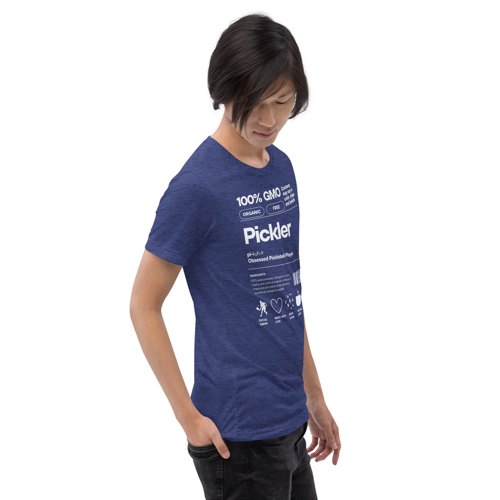 Men's navy Pickler Funny Definitions T-Shirt by PeaMac Pickleball Tees, unisex tri-blend activewear with right-front graphic.