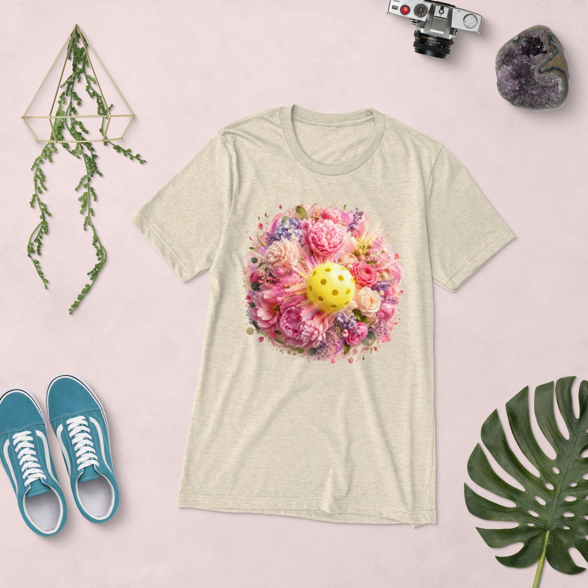 Unisex Peony Pickleball Tee in oatmeal triblend fabric, front view showing classic fit and soft, textured material.