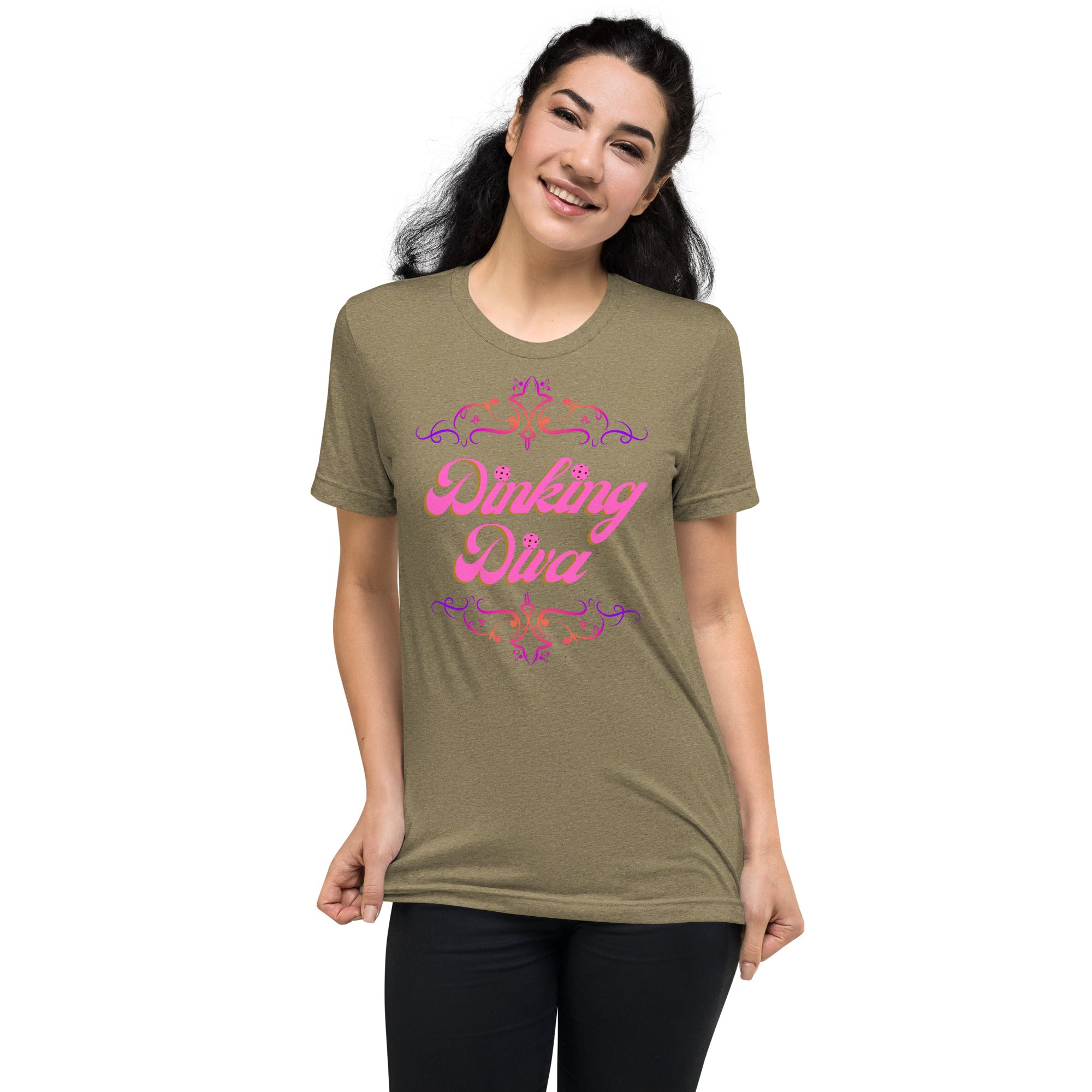 PeaMac Pickleball Tees Dinking Diva Pink Filigree athletic T-shirt, unisex tri-blend fabric, front view with olive background.