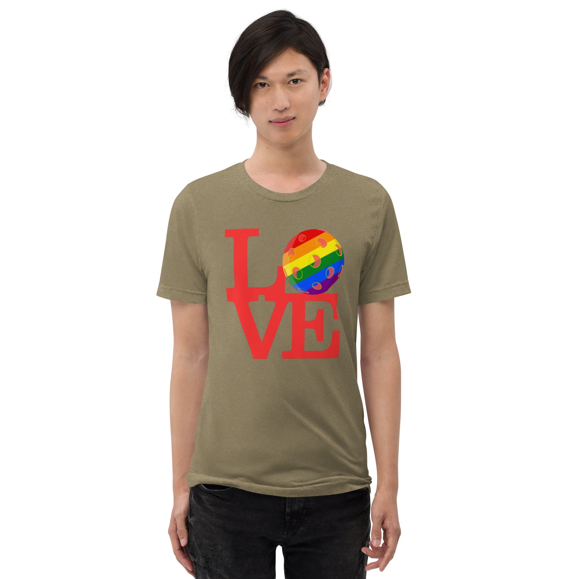 PeaMac Pickleball Tees Matrix Burst Pickleball T-Shirt with retro court graphic in green, unisex tri-blend olive fabric, front view.