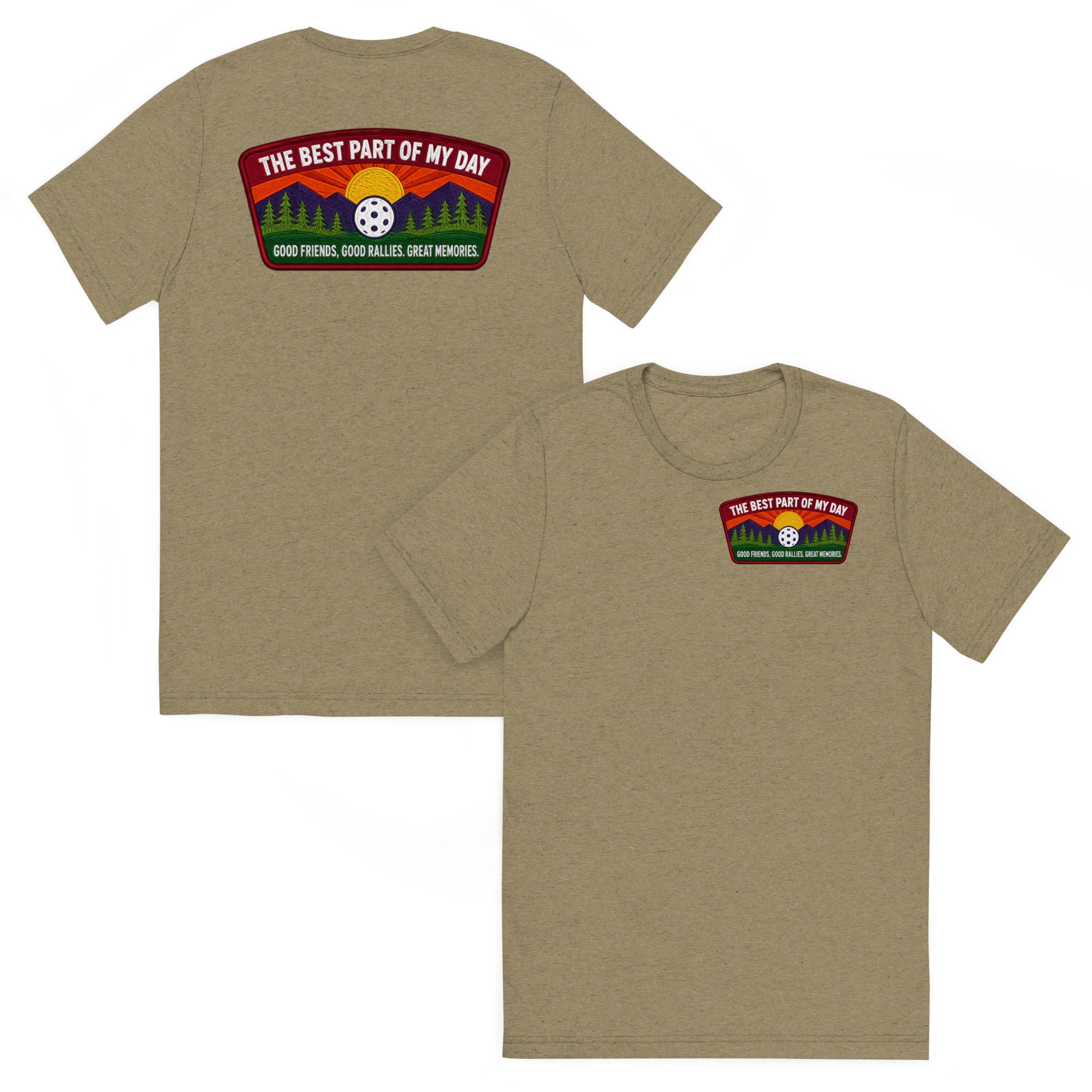 Unisex olive green tri-blend pickleball T-shirt by PeaMac Pickleball Tees, front and back view, featuring "Best Part of My Day" design.
