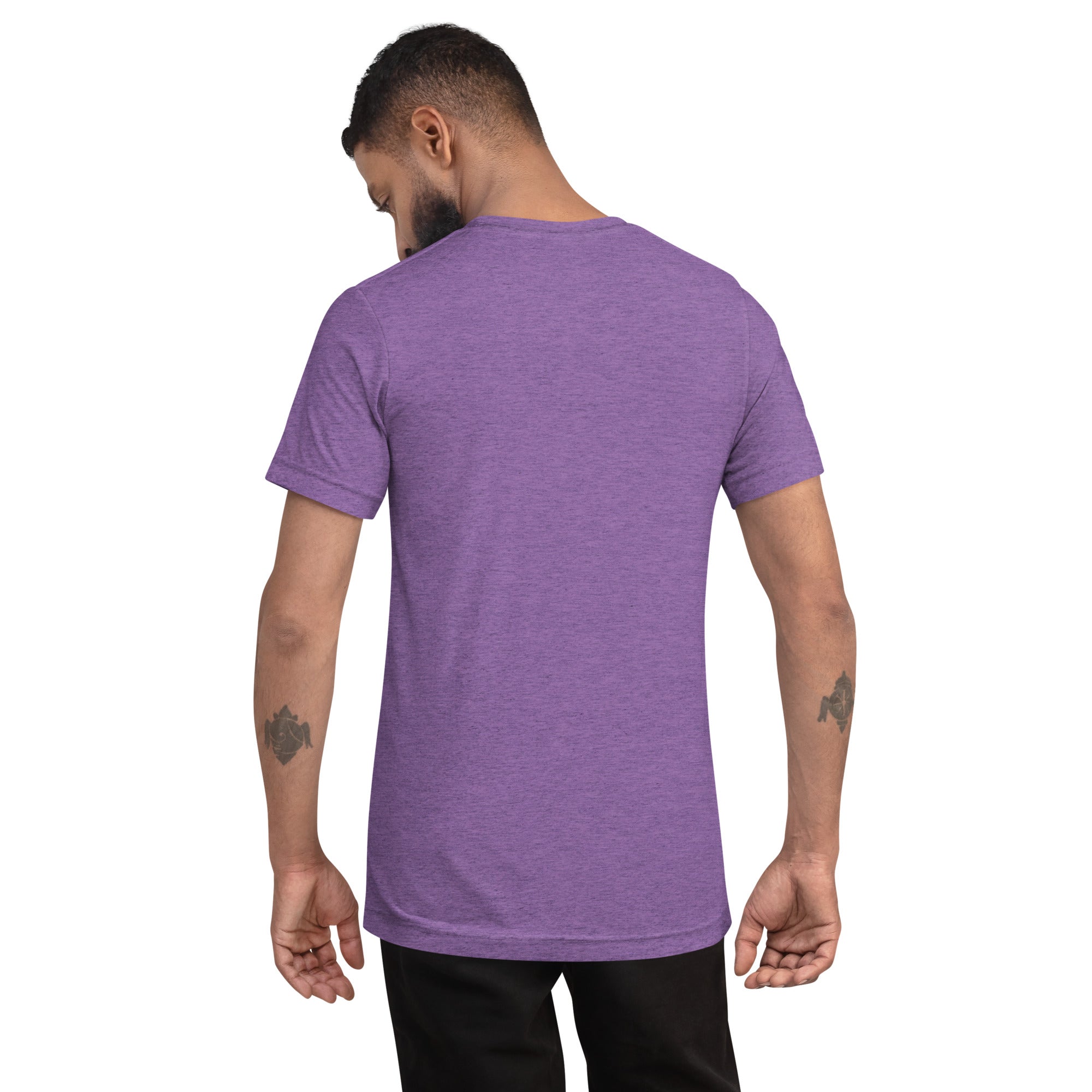 PeaMac Pickleball Tees unisex purple tri-blend performance T-shirt with back design, perfect for pickleball players.