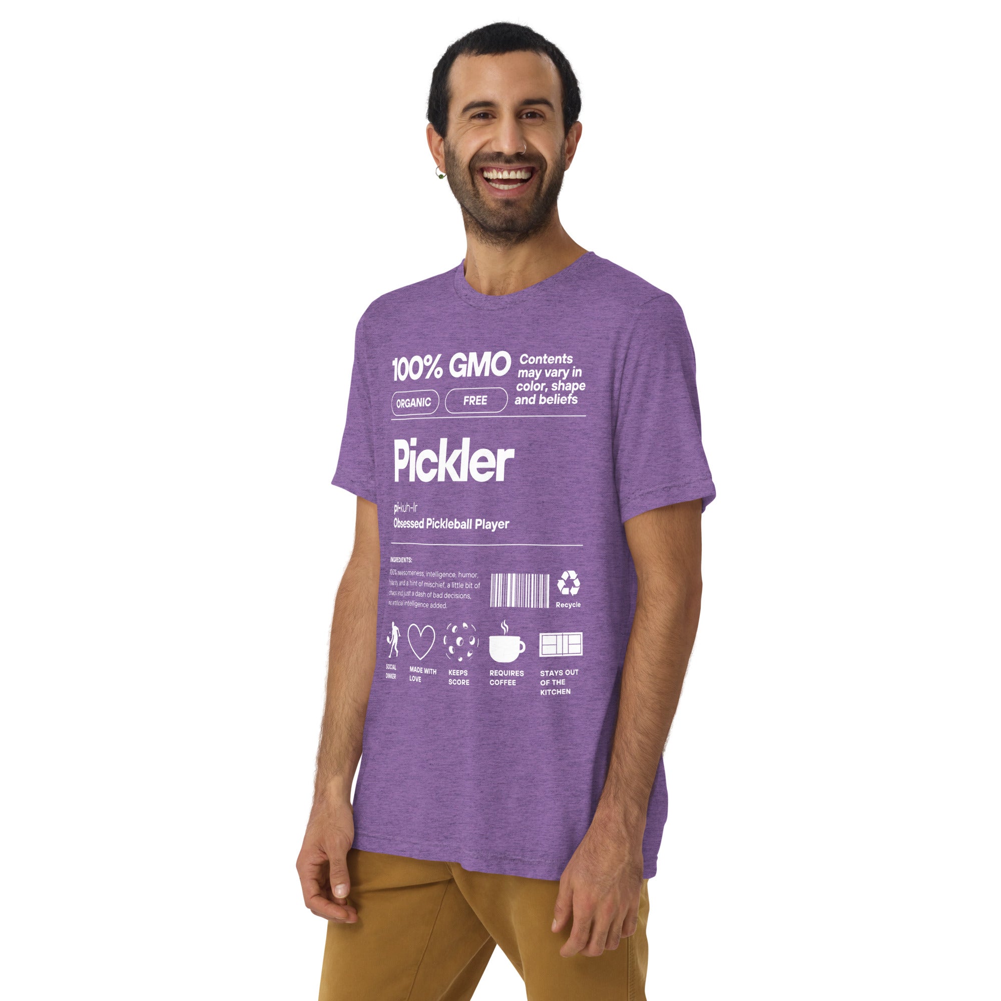 Unisex purple Pickler Funny Definitions T-shirt by PeaMac Pickleball Tees, made of premium tri-blend fabric with a front graphic.