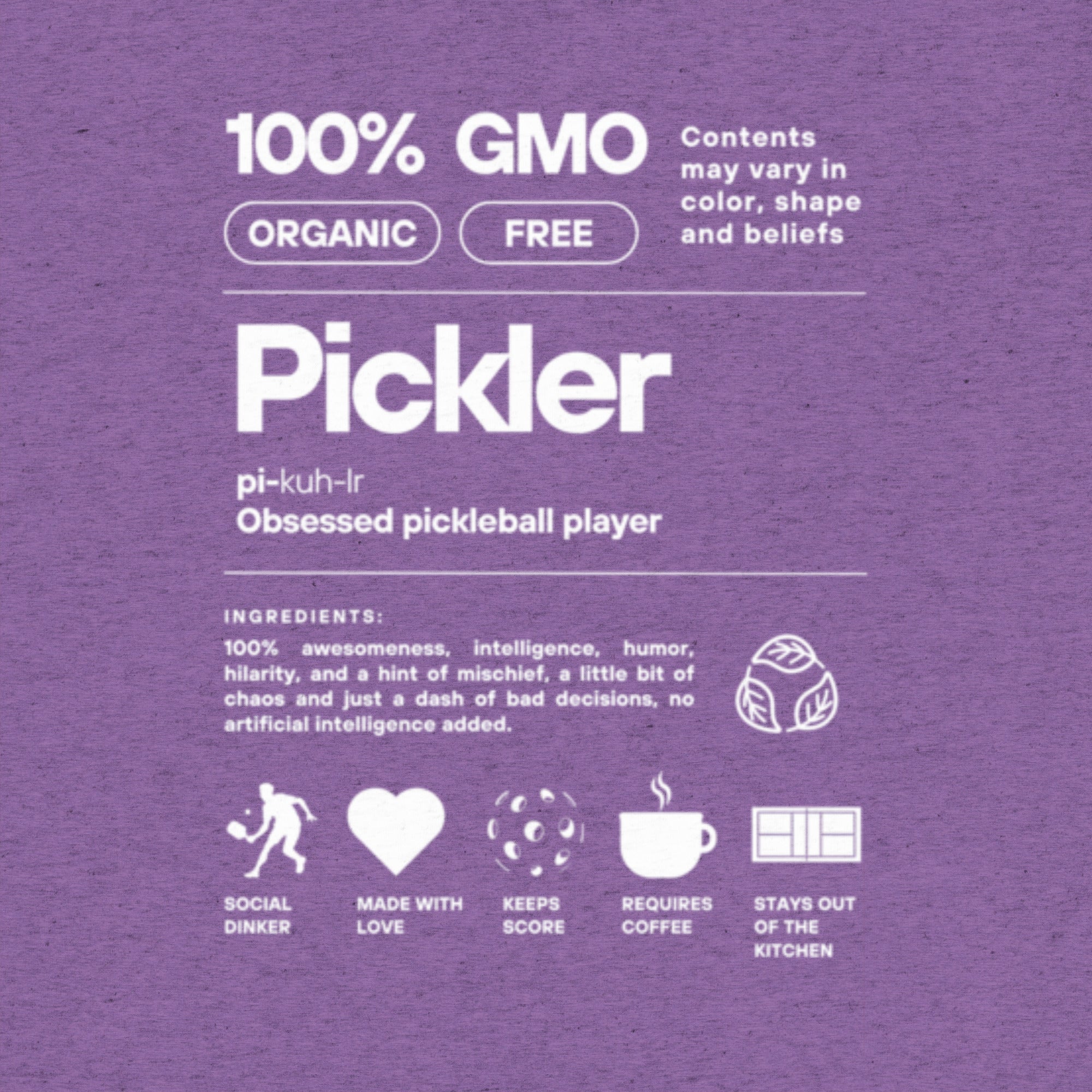Unisex purple Pickler Funny Definitions T-shirt by PeaMac Pickleball Tees, made of premium tri-blend fabric, front view.