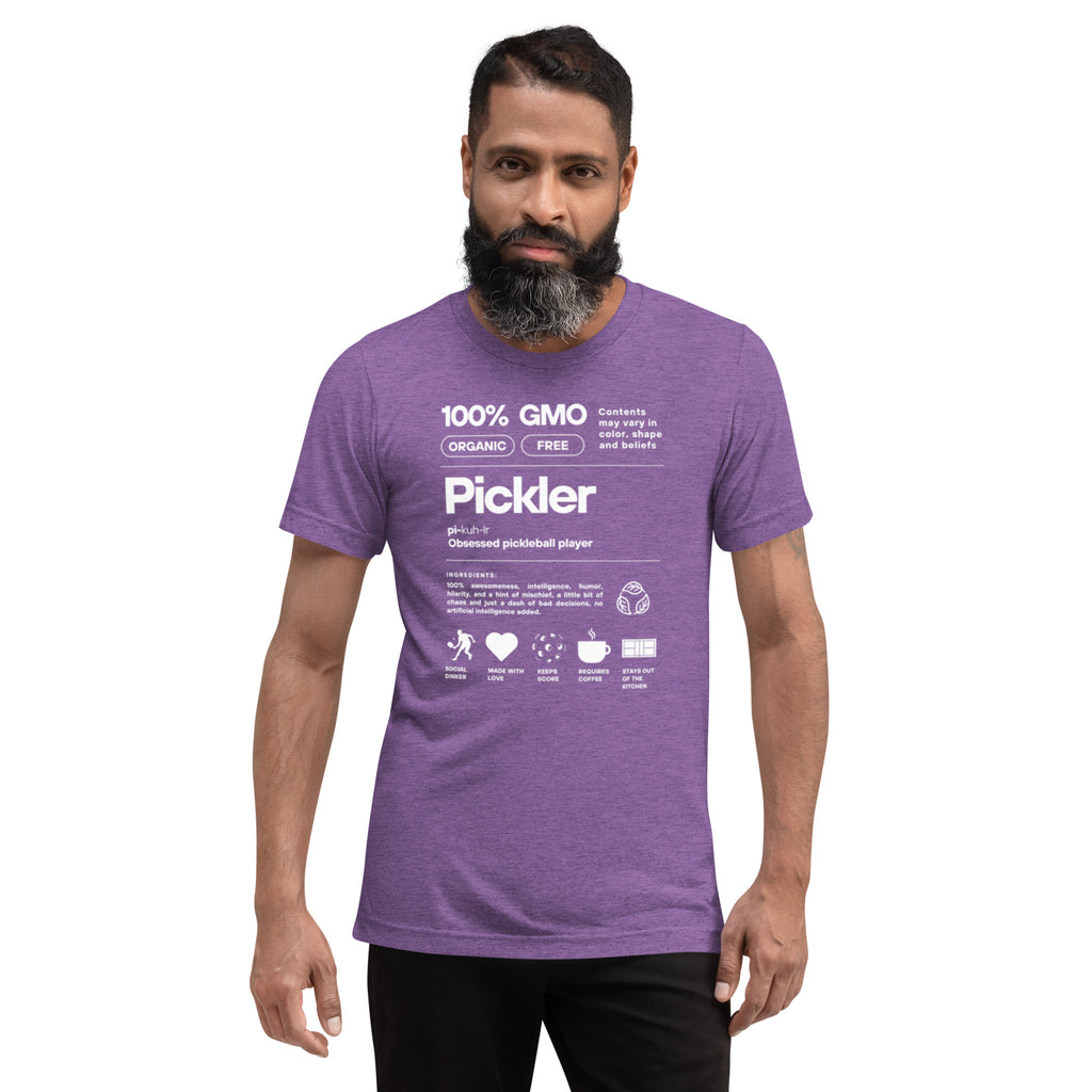 Men's purple Pickler Funny Definitions T-Shirt by PeaMac Pickleball Tees, unisex tri-blend activewear with front design.