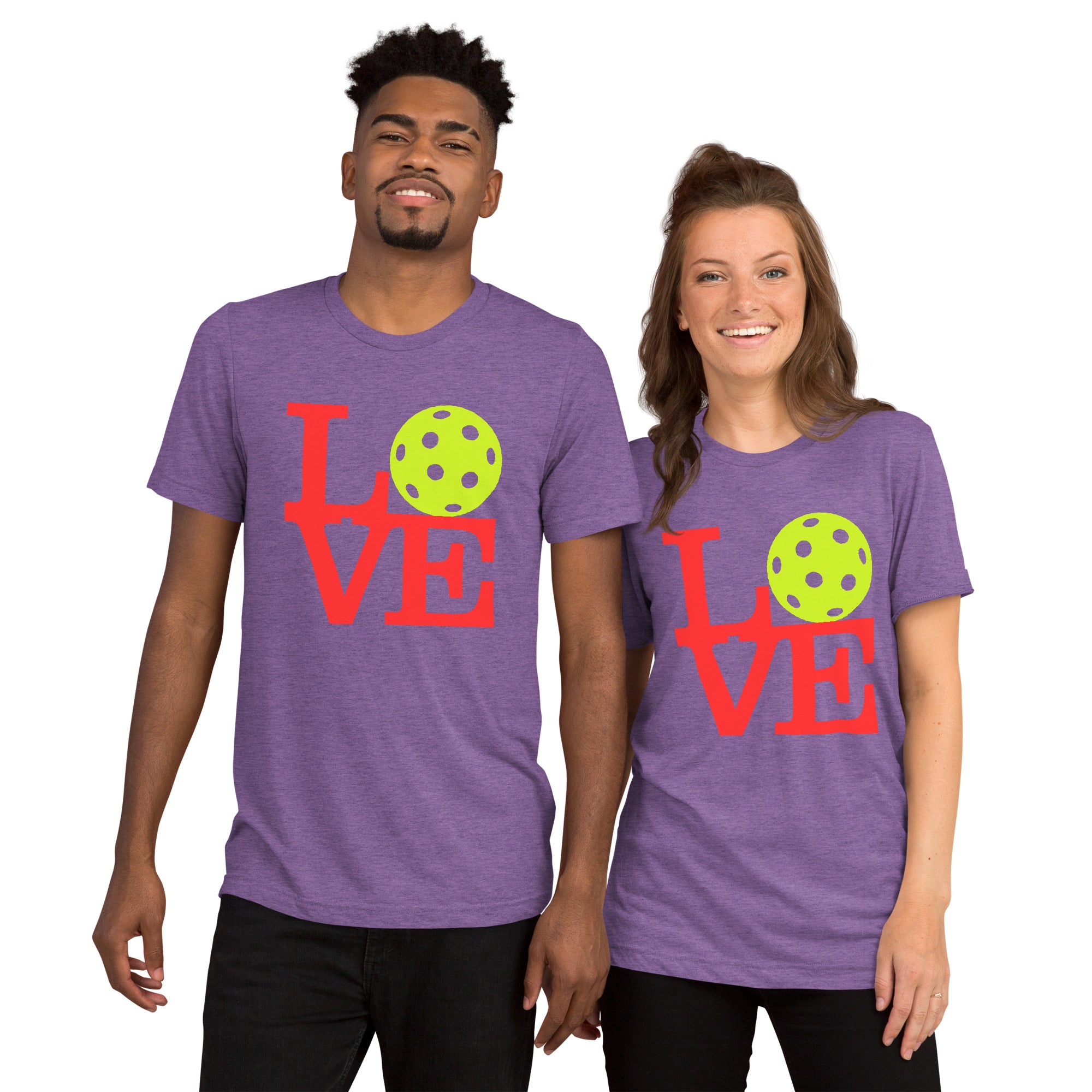 Unisex purple tri-blend T-shirt featuring neon pop art design and LOVE pickleball logo by PeaMac Pickleball Tees.