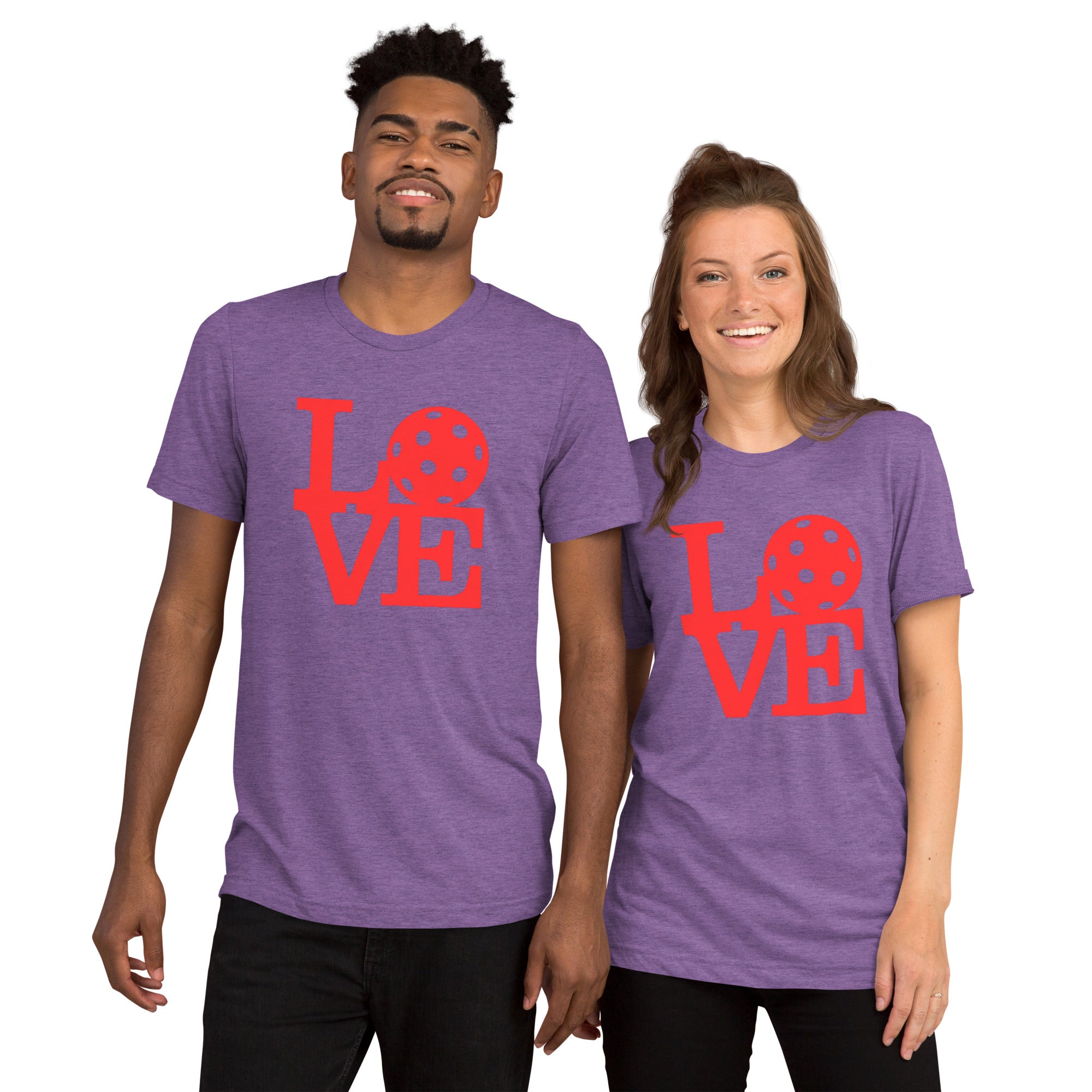 Unisex purple tri-blend T-shirt with bold red pickleball pop art graphic by PeaMac Pickleball Tees.