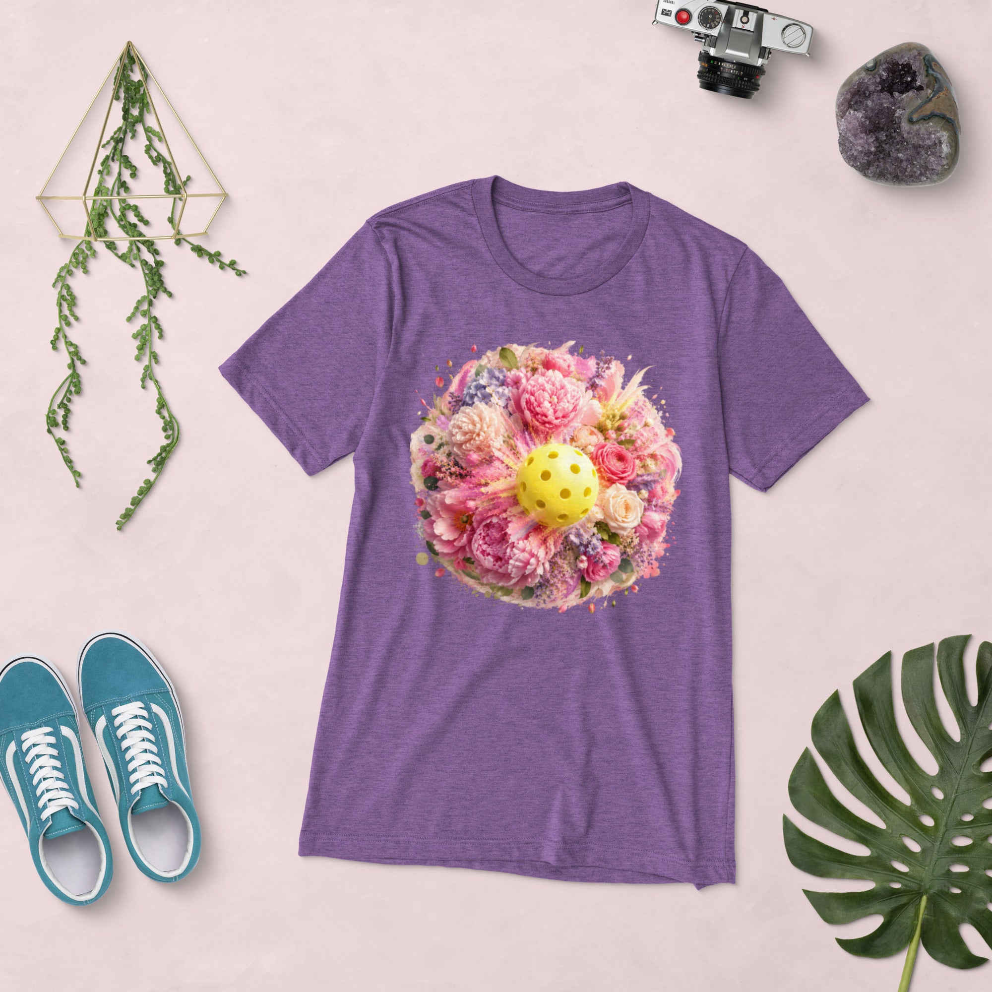 Unisex purple Peony Pickleball Tee by PeaMac Pickleball Tees, premium triblend fabric, front view, casual athletic T-shirt.