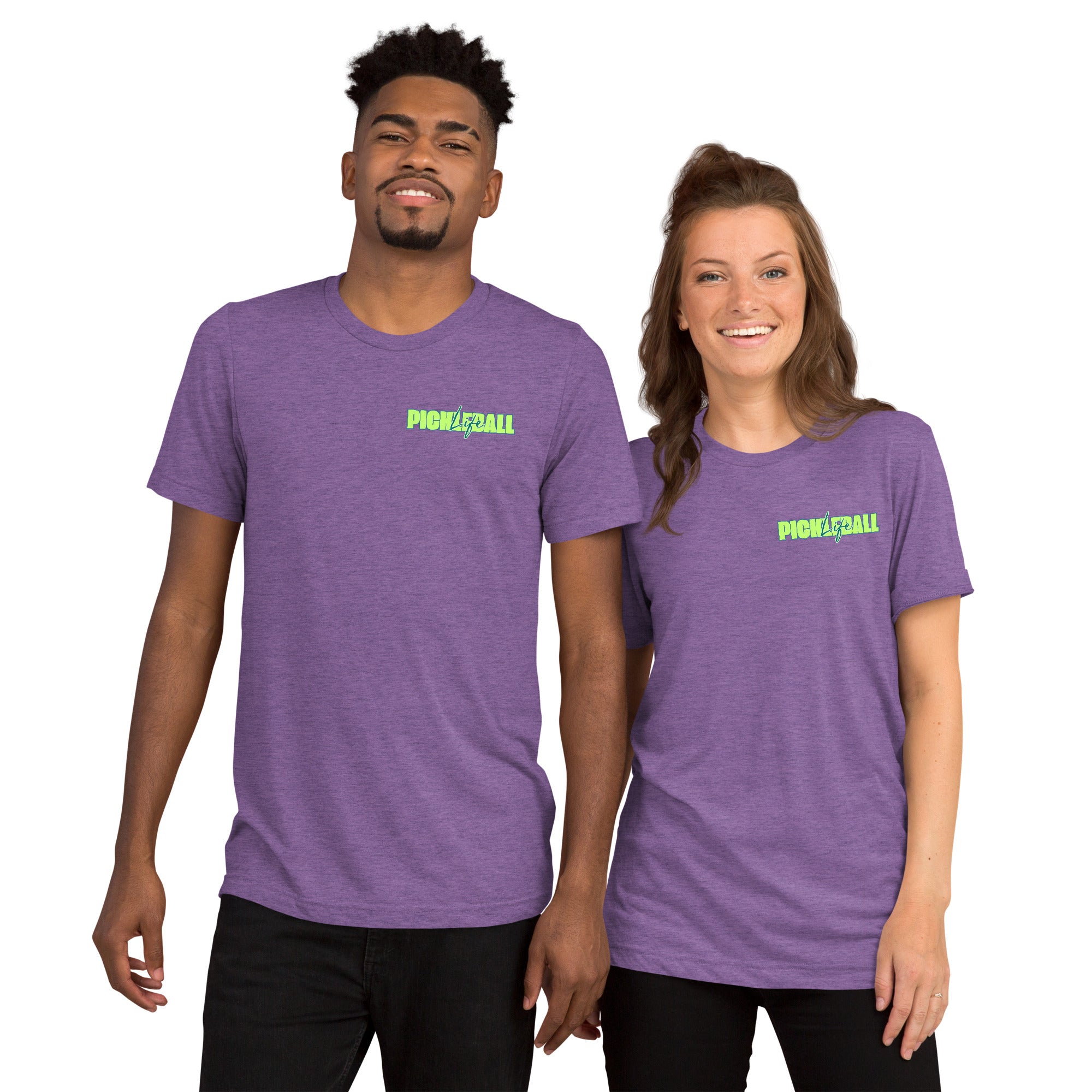 Unisex Pickleball Life T-shirt by PeaMac Pickleball Tees in purple tri-blend with bold green and blue graphic front.