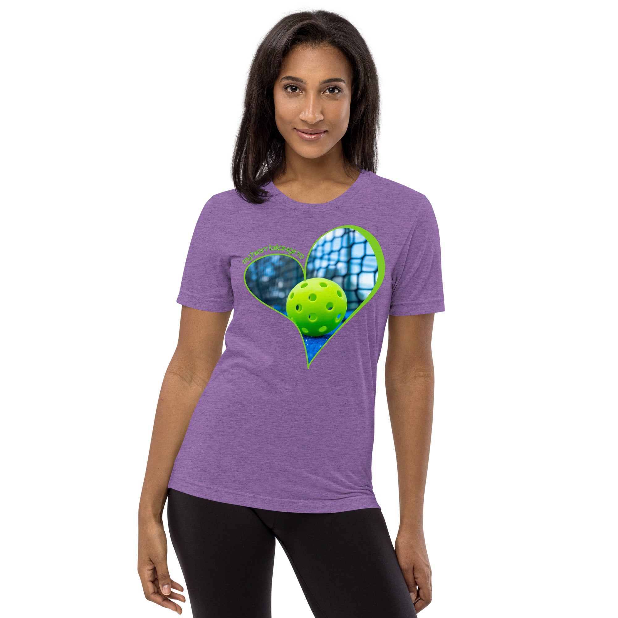 Purple unisex tri-blend T-shirt from PeaMac Pickleball Tees with "My Heart Belongs to Pickleball" slogan, front view.