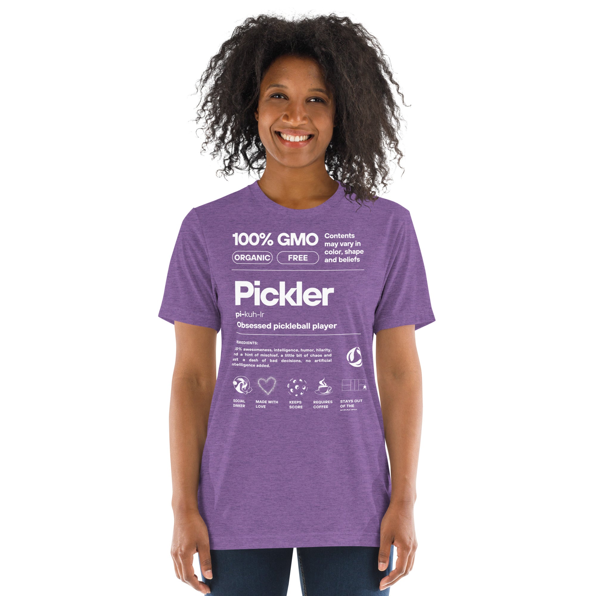 Purple Pickler Funny Definitions T-Shirt by PeaMac Pickleball Tees featuring white text, lightweight unisex tri-blend activewear.