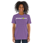 Toronto PickleTOwn T-Shirt — The 6ix Pickleball Tee with CN Tower & Pickleball 'O' - Purple - Front - PeaMacTees