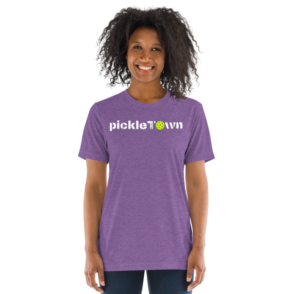 Toronto PickleTOwn T-Shirt — The 6ix Pickleball Tee with CN Tower & Pickleball 'O' - Purple - Front - PeaMacTees