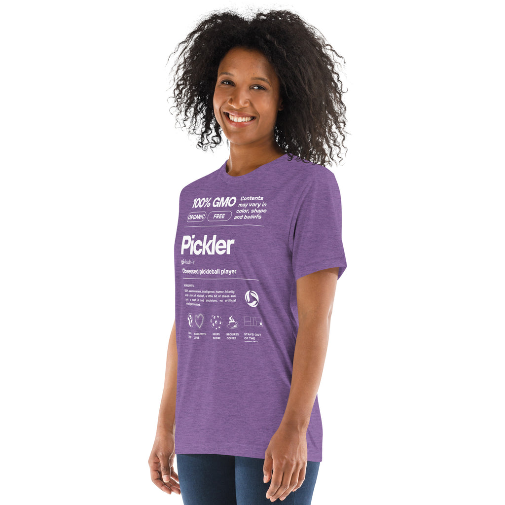 Purple unisex Pickler Funny Definitions T-shirt by PeaMac Pickleball Tees, lightweight activewear with white text, left-front view.