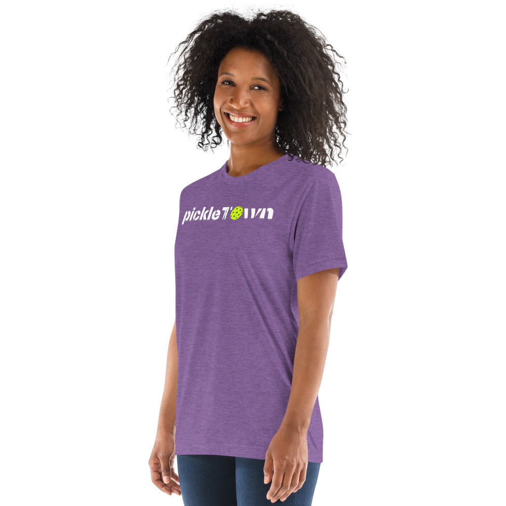Toronto PickleTOwn T-Shirt — The 6ix Pickleball Tee with CN Tower & Pickleball 'O' - Purple - Left Front - PeaMacTees