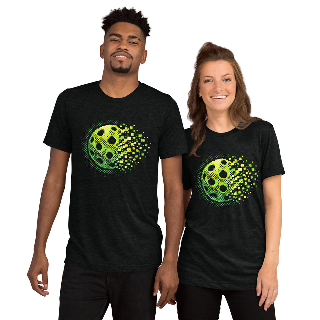 Black unisex tri-blend T-shirt featuring a retro court graphic for pickleball, from PeaMac Pickleball Tees.