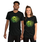 Black unisex tri-blend T-shirt featuring a retro court graphic for pickleball, from PeaMac Pickleball Tees.
