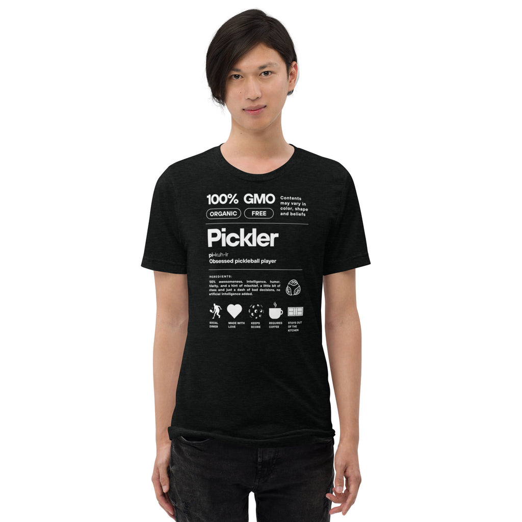 Black men's Pickler Funny Definitions T-Shirt by PeaMac Pickleball Tees, premium tri-blend activewear, front view.