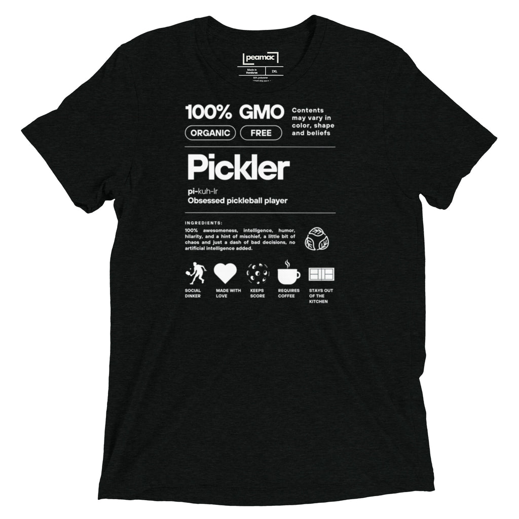 Black unisex Pickler Funny Definitions Pickleball T-Shirt by PeaMac Pickleball Tees, made from premium tri-blend activewear fabric.