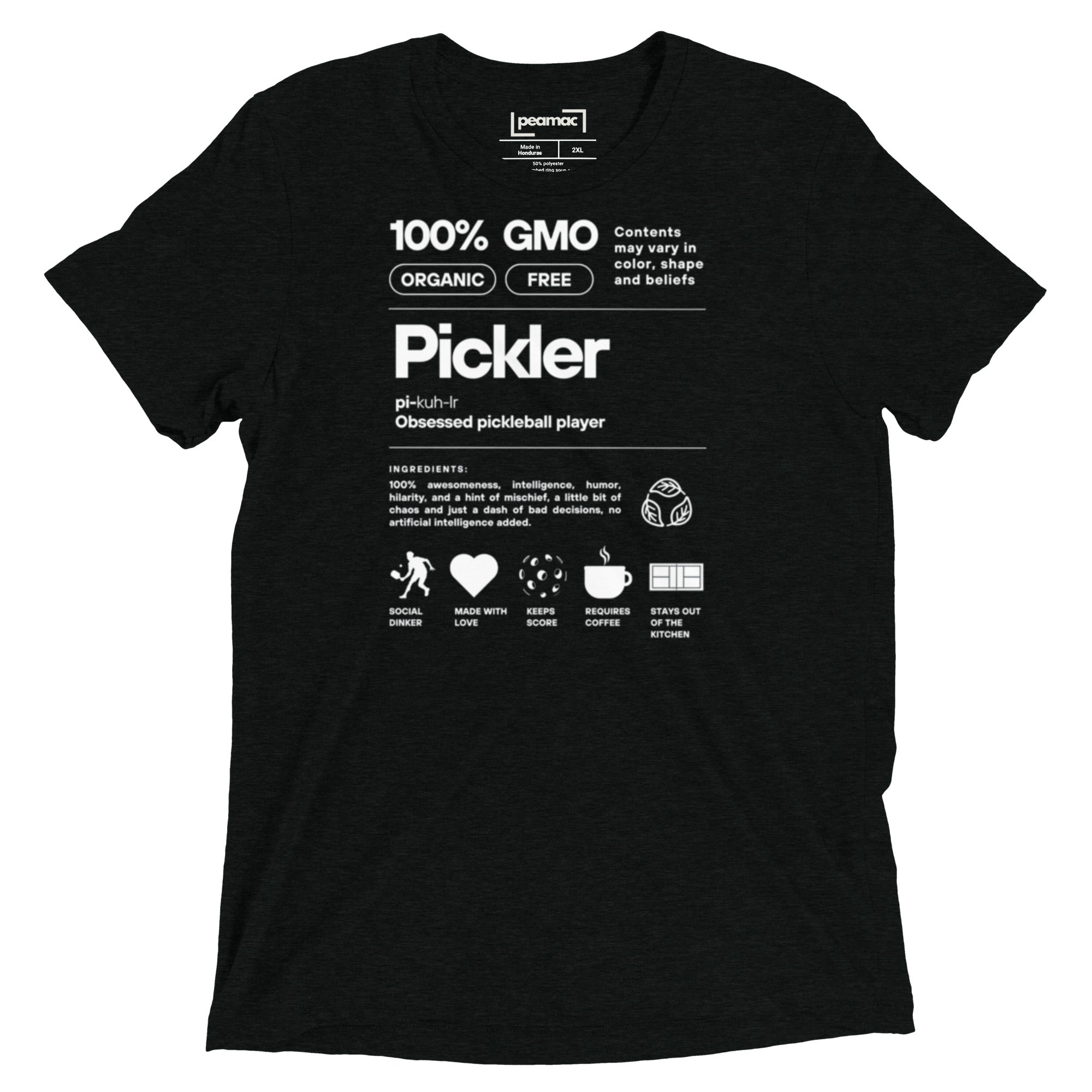 Black unisex Pickler Funny Definitions Pickleball T-Shirt by PeaMac Pickleball Tees, made from premium tri-blend activewear fabric.
