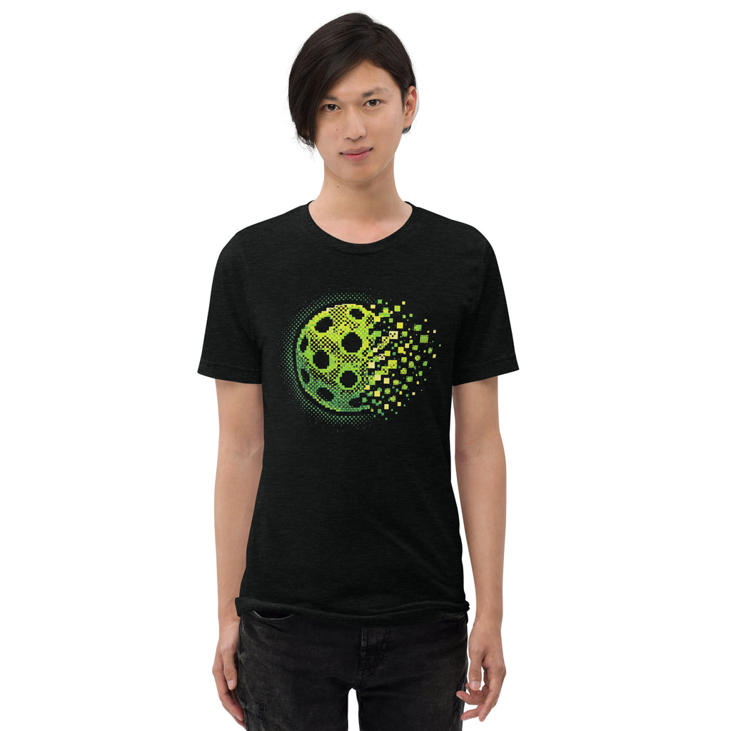 Black unisex tri-blend T-shirt featuring a retro court graphic for pickleball by PeaMac Pickleball Tees.
