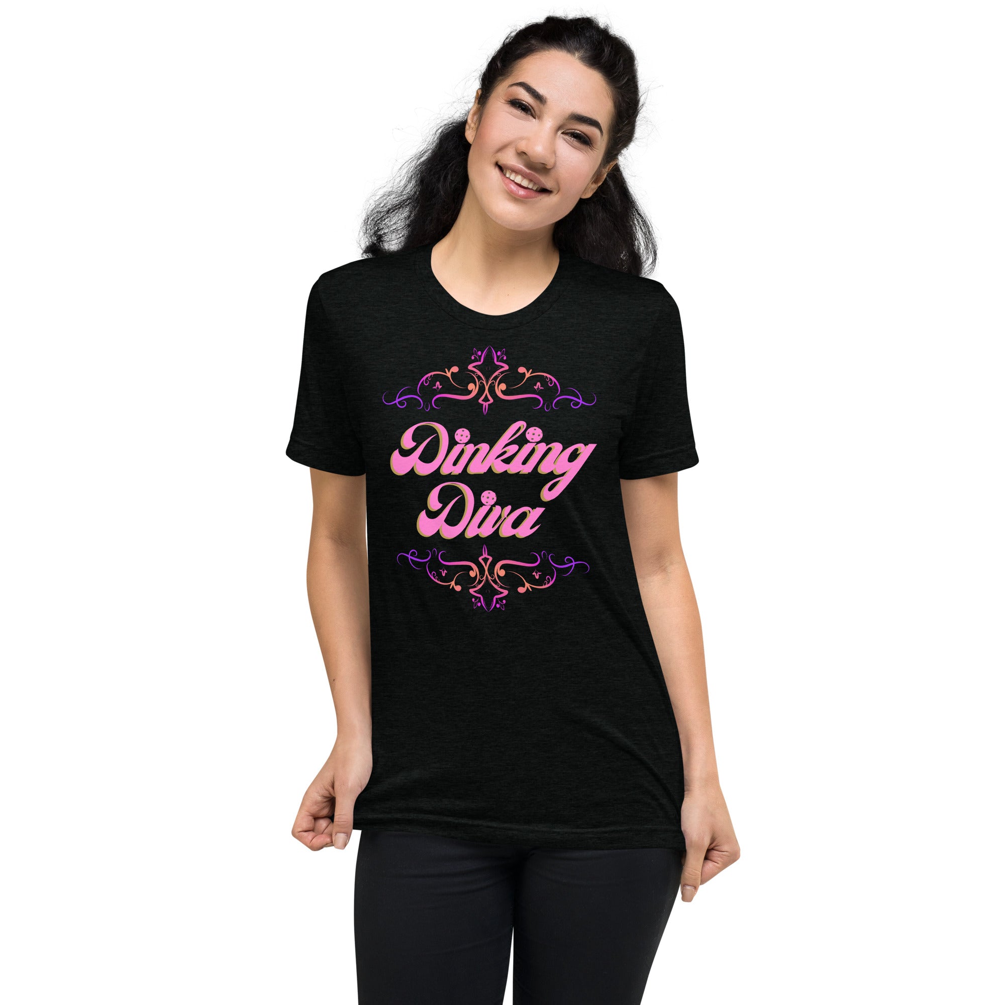 Black unisex tri-blend T-shirt with "Dinking Diva" pickleball design from PeaMac Pickleball Tees, athletic and comfortable fit