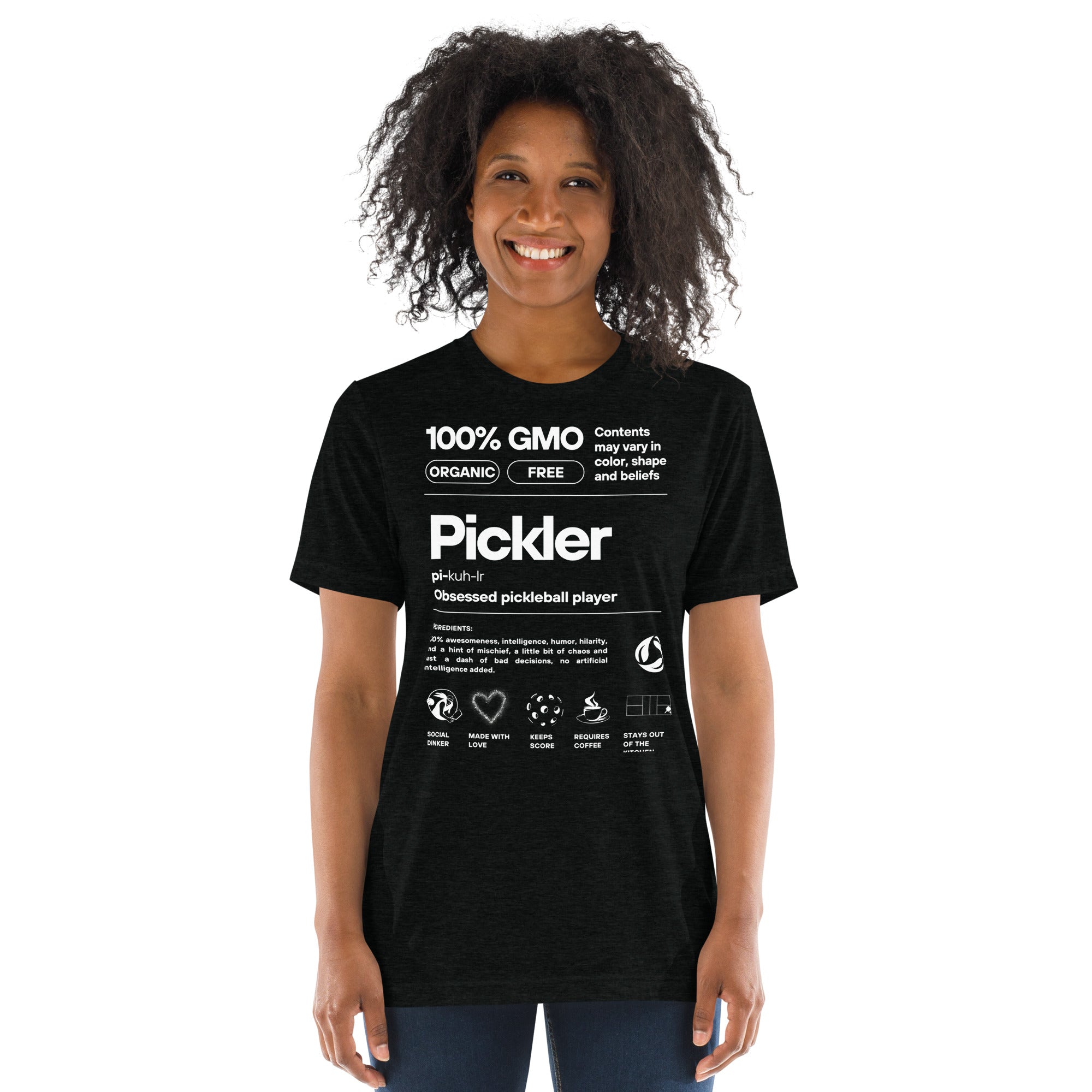 Black unisex tri-blend T-shirt with white "Pickler Funny Definitions" text from PeaMac Pickleball Tees, lightweight women's pickleball activewear