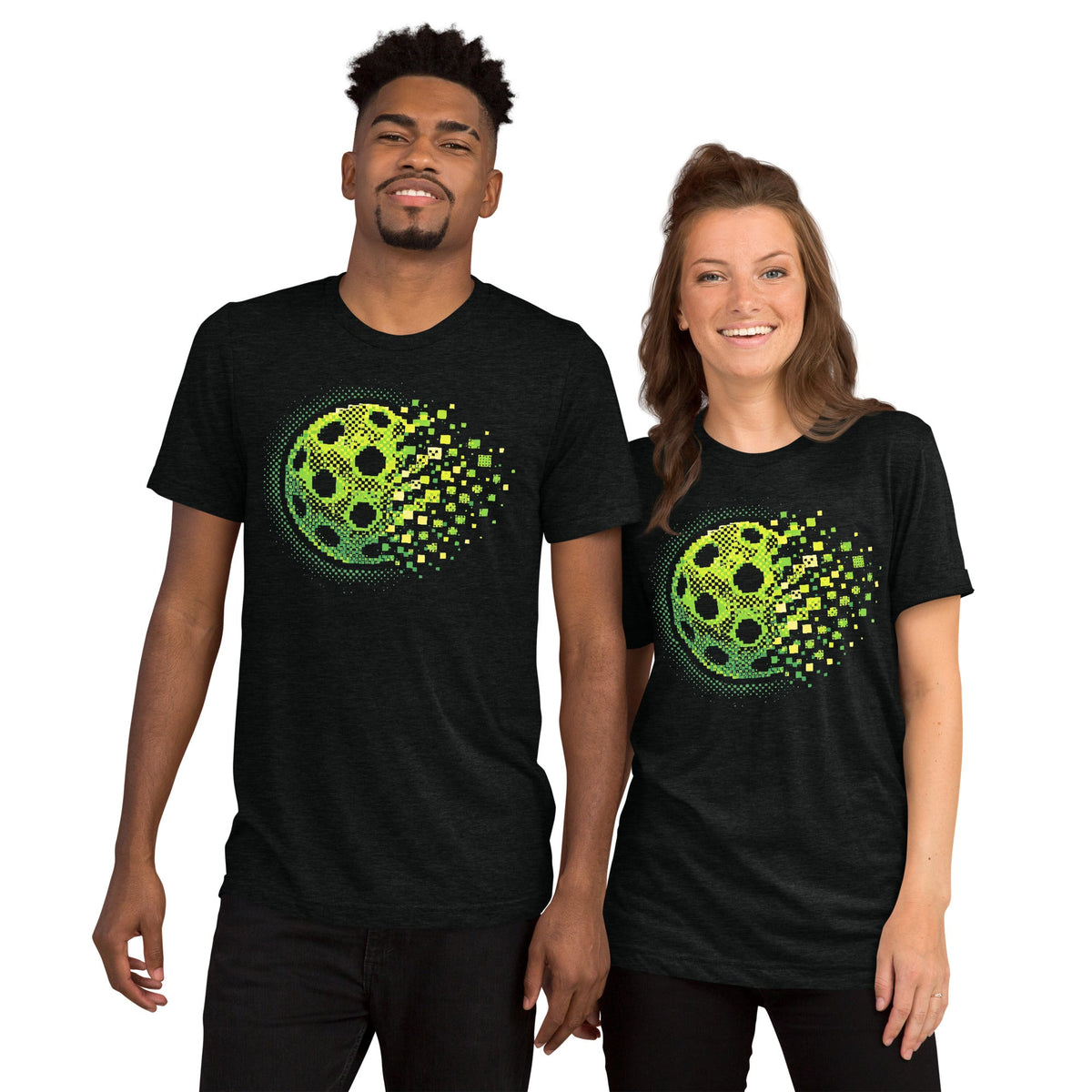 Unisex solid black tri-blend T-shirt featuring the Matrix Burst Neo-Green pickleball graphic, front view, by PeaMac Pickleball Tees.