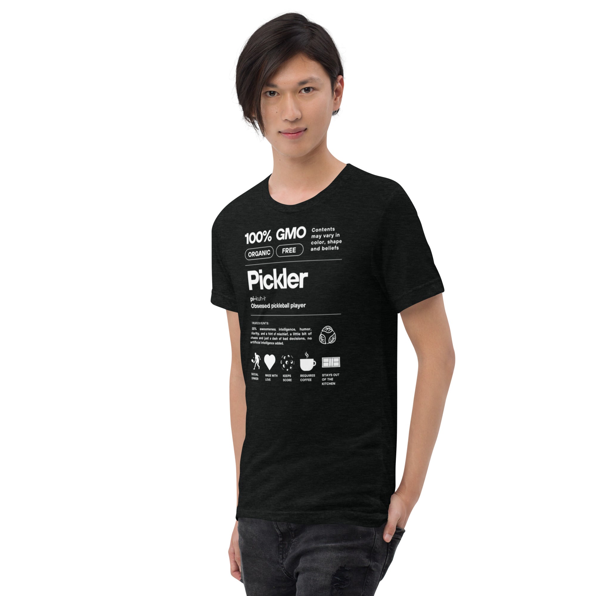 Black unisex Pickler Funny Definitions T-Shirt by PeaMac Pickleball Tees, premium tri-blend activewear, solid black style.