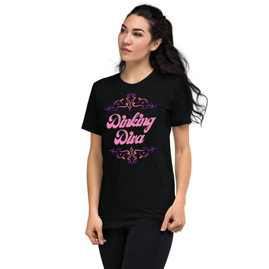 Black unisex tri-blend T-shirt from PeaMac Pickleball Tees, featuring a left-front design, ideal for pickleball enthusiasts.