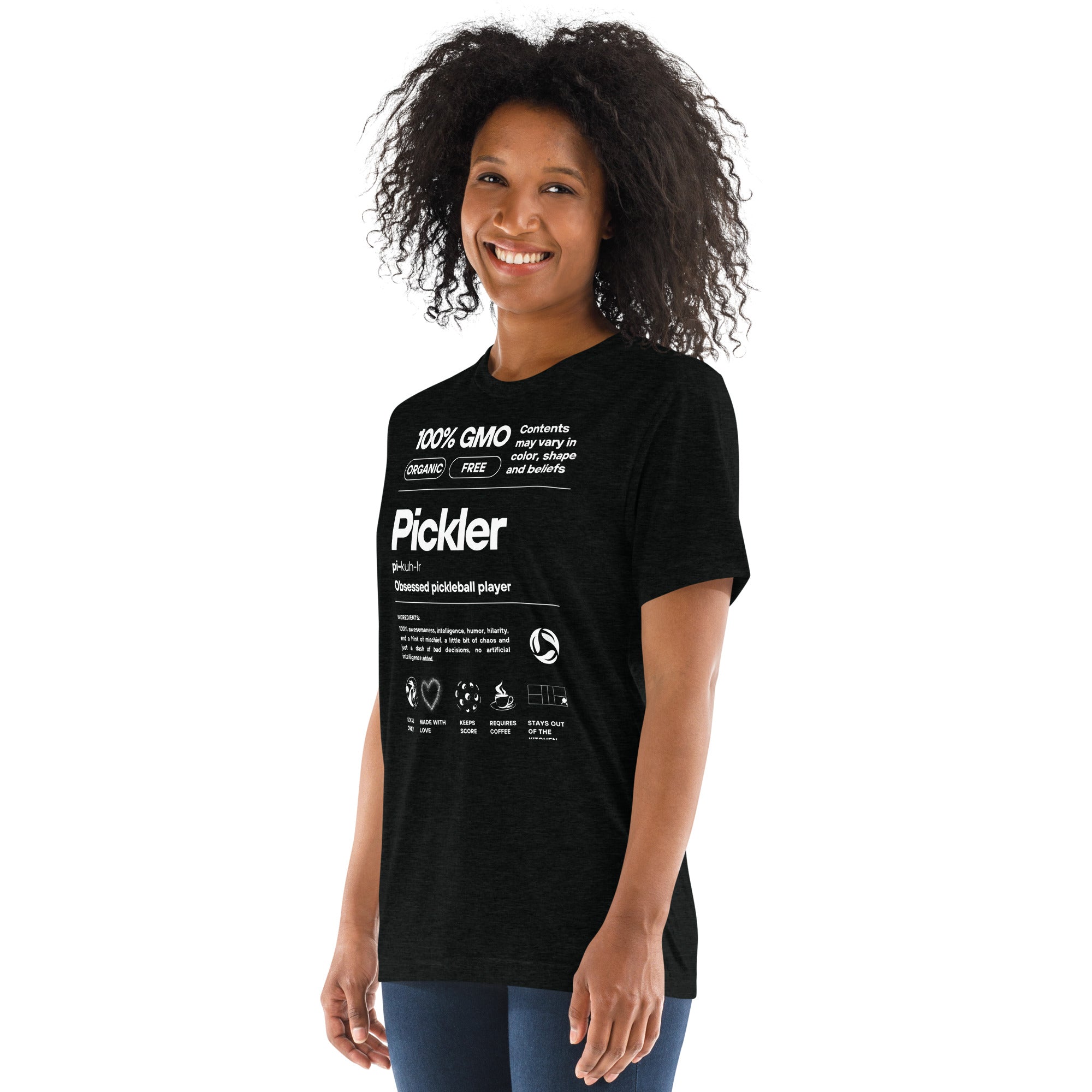 Black unisex tri-blend Pickler Funny Definitions T-shirt by PeaMac Pickleball Tees, featuring white text on the front.