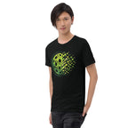 Unisex solid black tri-blend T-shirt with Matrix Burst Neo-Green pickleball graphic, left-front angle, by PeaMac Pickleball Tees.