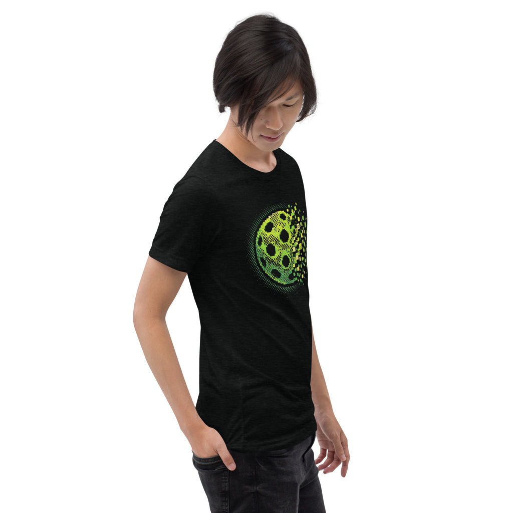 Unisex black Tri-Blend T-Shirt by PeaMac Pickleball Tees with retro court graphic design on the front.
