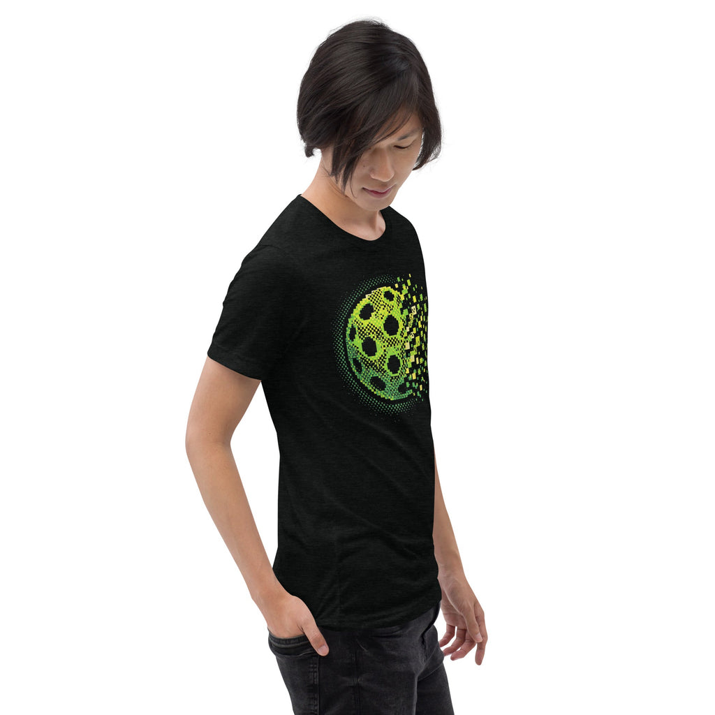 Unisex solid black tri-blend T-shirt with Matrix Burst Neo-Green pickleball graphic, right-front angle, by PeaMac Pickleball Tees.