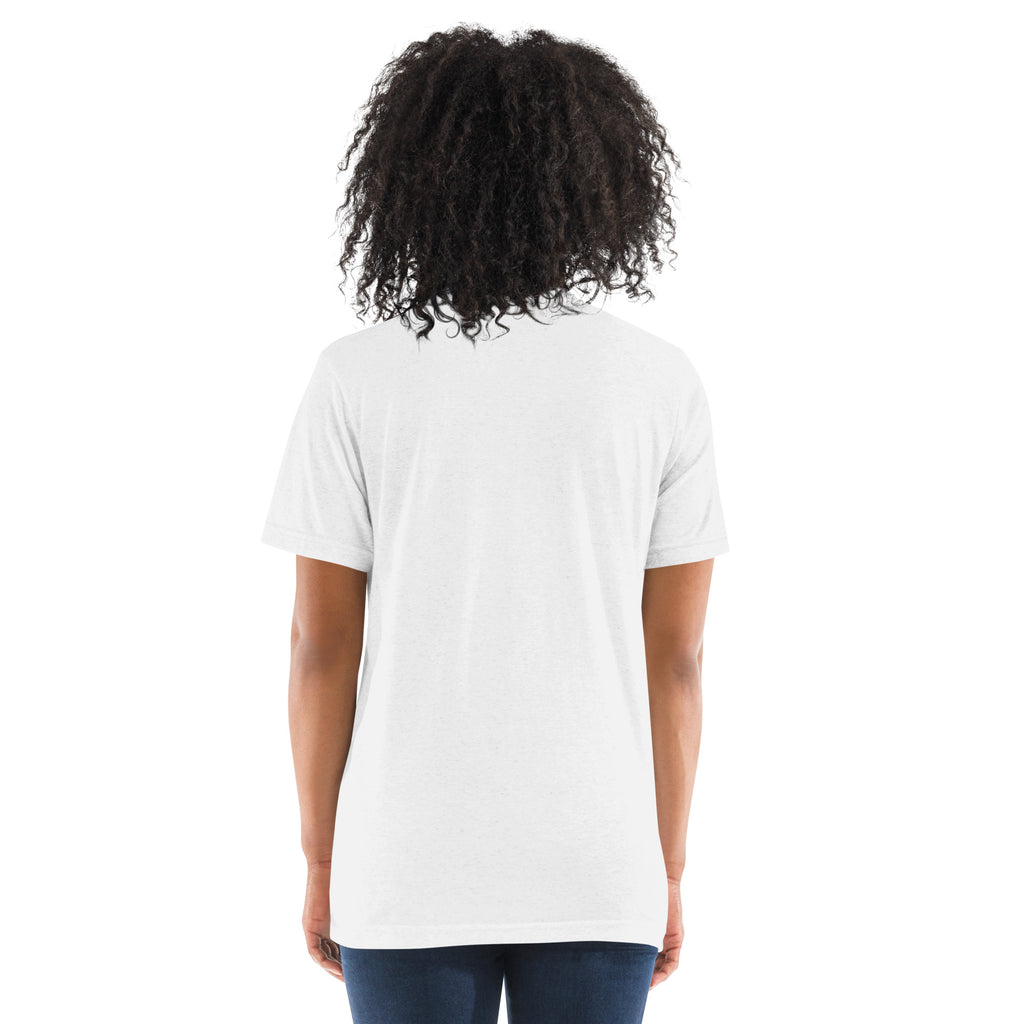 White unisex PeaMac Pickleball T-Shirt with tri-blend fabric and solid design, shown from the back.