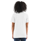 White unisex PeaMac Pickleball T-Shirt with tri-blend fabric and solid design, shown from the back.