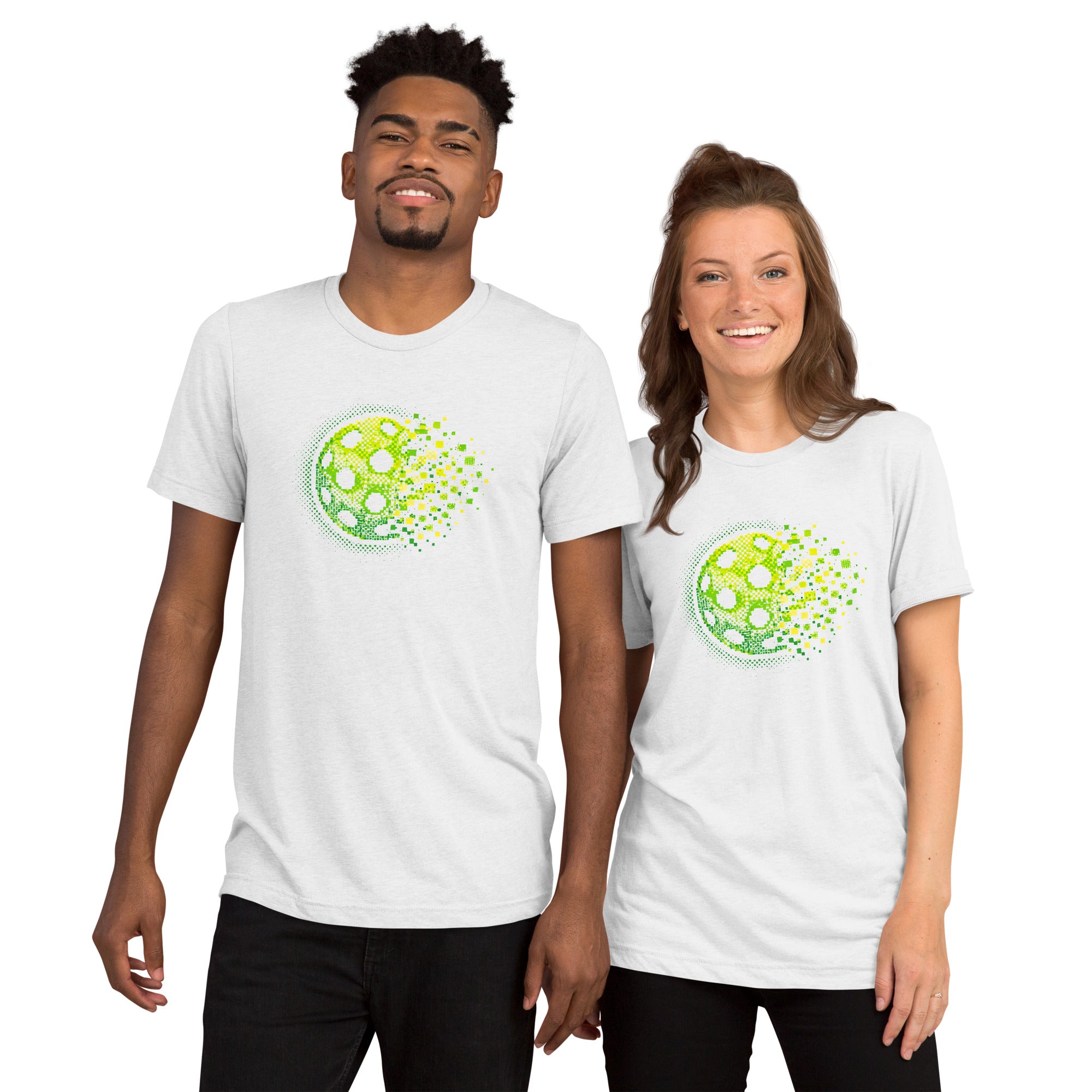 White unisex tri-blend T-shirt with retro court graphic print, designed for pickleball enthusiasts by PeaMac Pickleball Tees.