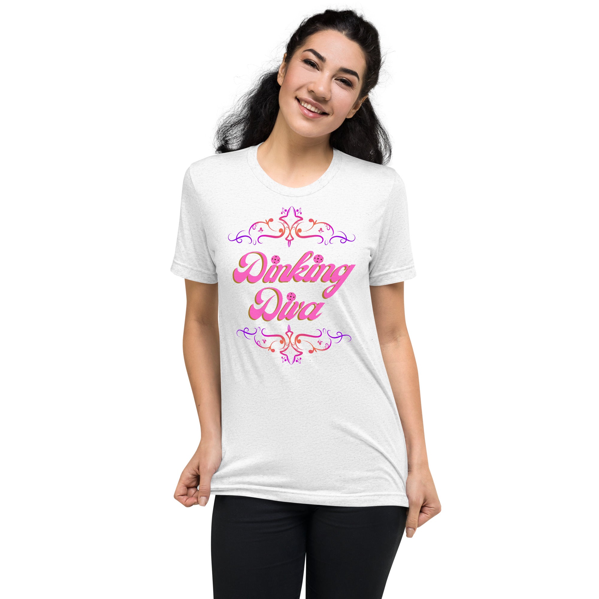 PeaMac Pickleball Tees Dinking Diva Pink Filigree athletic T-shirt, unisex tri-blend white T-shirt with front design.