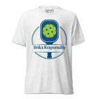 White unisex tri-blend T-shirt featuring a graphic of a pickleball paddle and ball, from PeaMac Pickleball Tees.