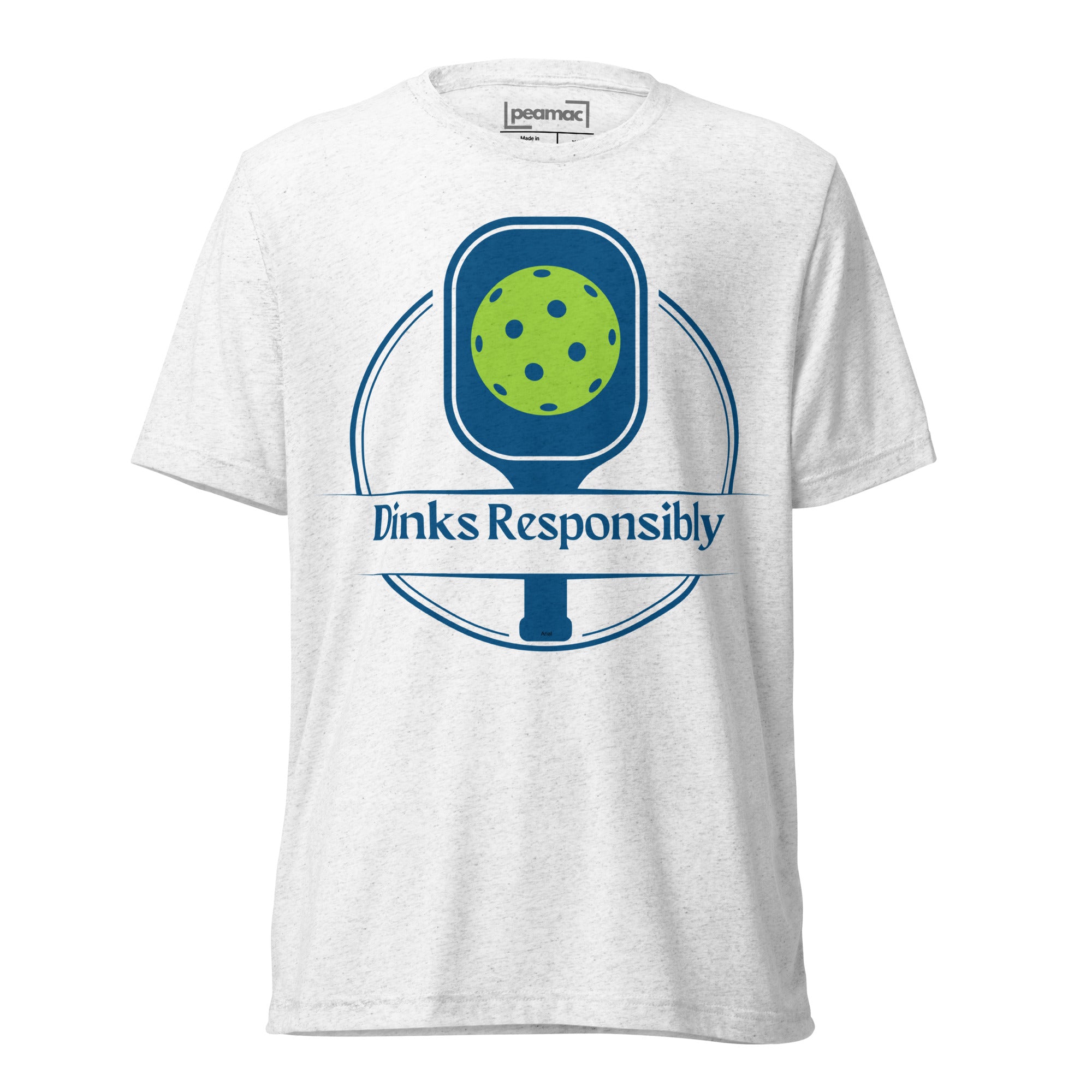 White unisex tri-blend T-shirt featuring a graphic of a pickleball paddle and ball, from PeaMac Pickleball Tees.