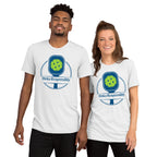 White unisex tri-blend pickleball T-shirt featuring a paddle and ball graphic with "Dinks Responsibly" slogan, by PeaMac Pickleball Tees.