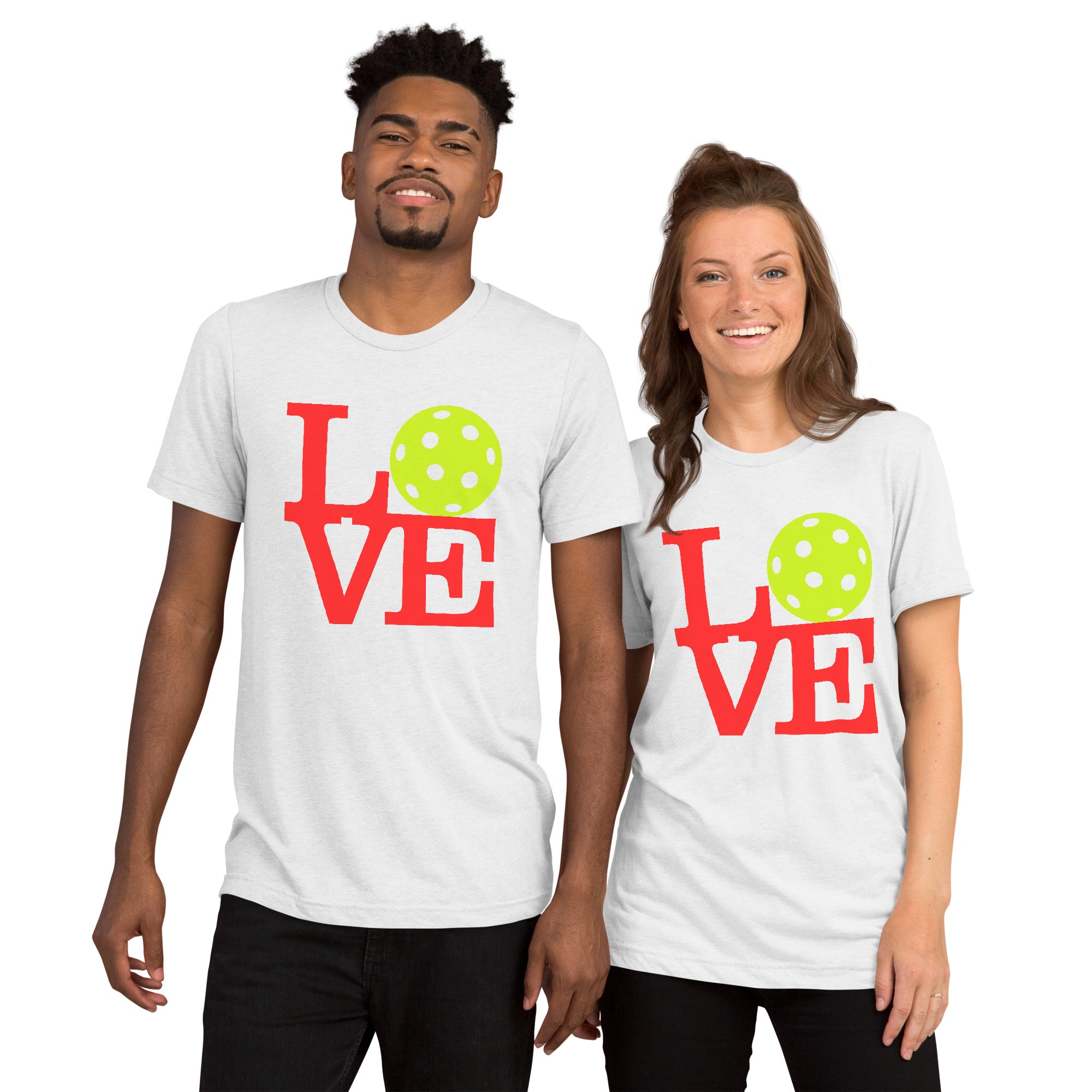 White unisex tri-blend T-shirt featuring the LOVE Pickleball Tee design by PeaMac Pickleball Tees, with vibrant neon pop art style.