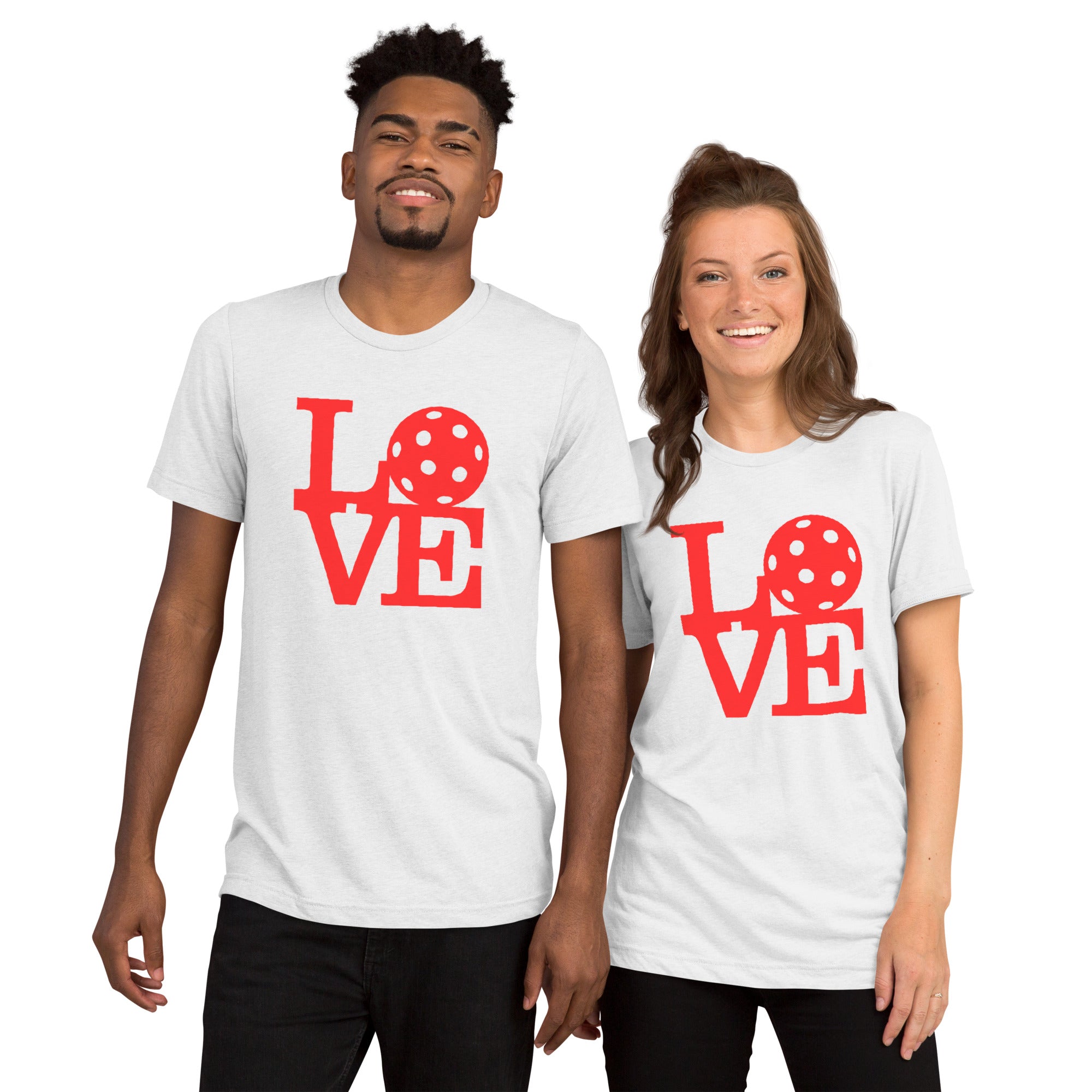 White unisex T-shirt by PeaMac Pickleball Tees with bold red pickleball pop art graphic on front.