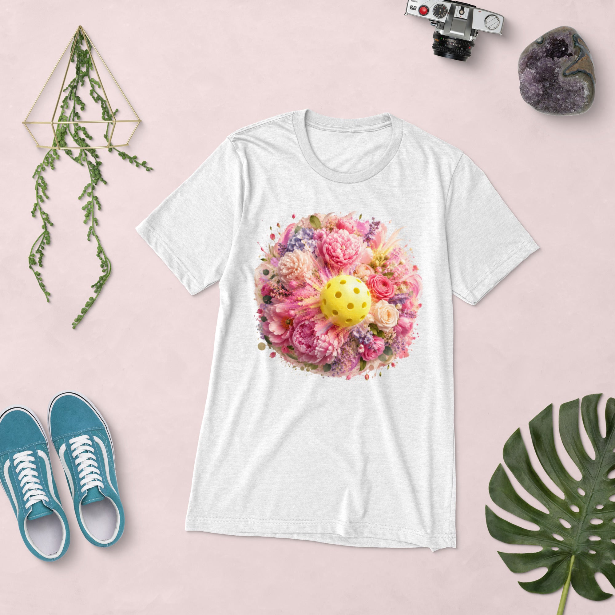 White Peony Pickleball Tee by PeaMac, unisex triblend T-shirt with a solid color front, casual and comfortable fit.